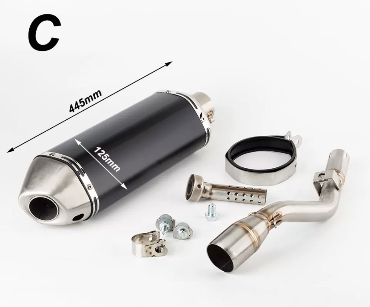 Pô slip-on mẫu C lon đen đầu inox kèm cổ nối, cùm và tiêu giảm thanh cho Kawasaki KLX230