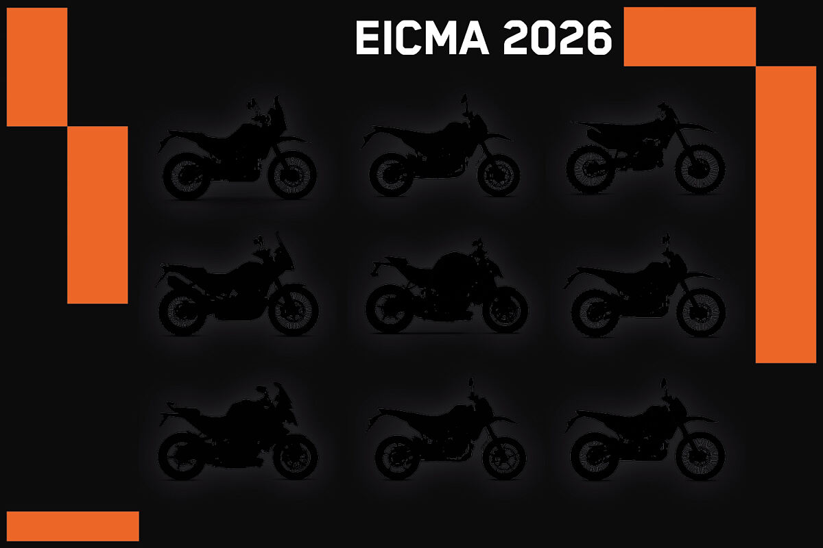 Ảnh teaser EICMA 2026 của KTM với các bóng xe 2027