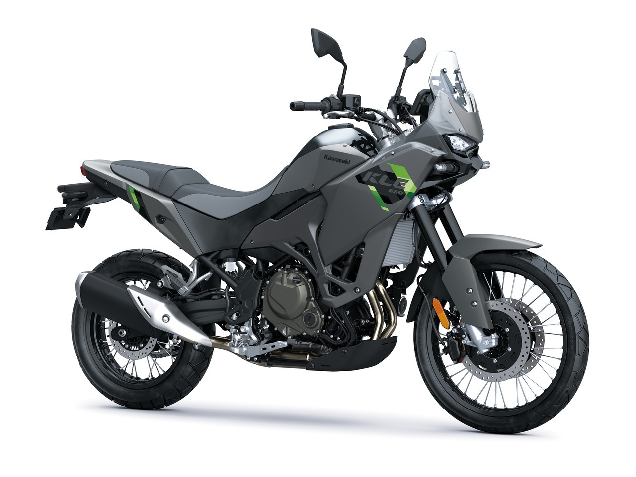 Kawasaki KLE650 SE 2027 màu Pearl Storm Gray, góc 3/4 trước
